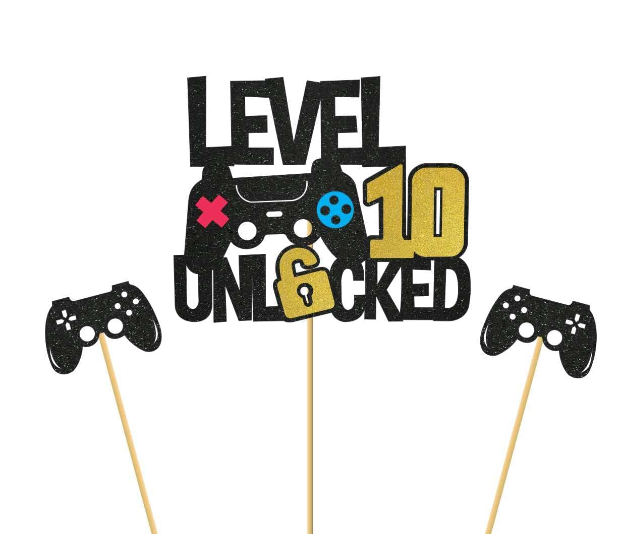 SVM CRAFT® Level 10th Unlocked Sign Cake Topper, Happy 10th Birthday Level Up Tenth Cake Decorations, cake topper for 10 year birthday. cheers to 10 years cake topper