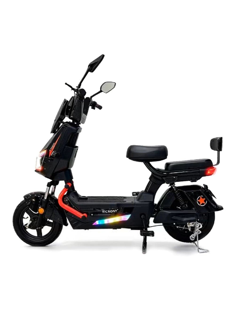 Crony W12 Electric Bicycle 500W Motor 48V 20Ah Portable Battery, Electric Bike for Adults with 28-35KM Range, Top Speed 28-36KM/H, 3 Speed Modes, LCD Display, LED Headlamp, Quiet Mute Controller, Dual Seat with Rear Footrests, Front & Rear Suspension, Front Drum & Rear Hold Brake, Iron Frame, 14 Inc