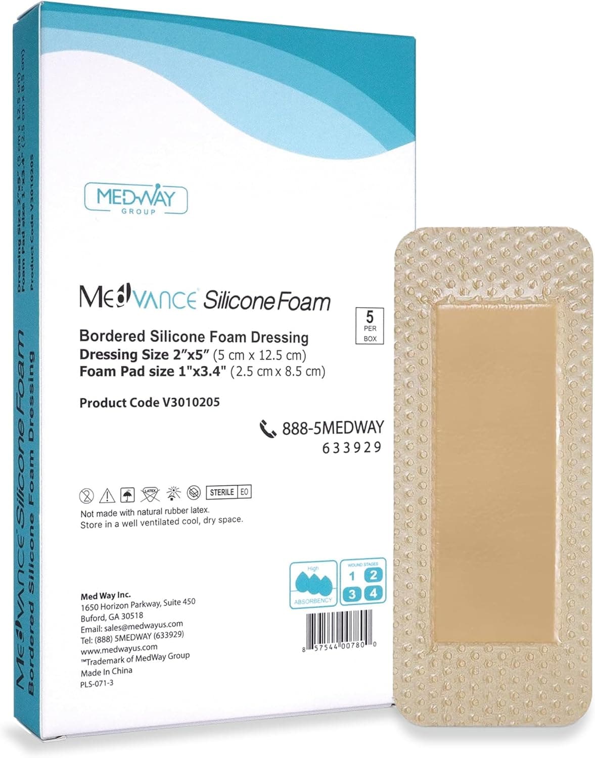 MedVanceTM Silicone - Bordered Silicone Adhesive Foam Dressing, 2"x5" (1.2"x3.4" pad) Box of 5 dressings