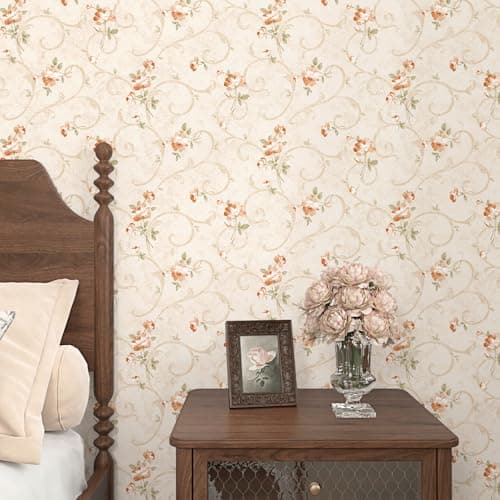 WESTICK French Country Peel and Stick Wallpaper Vintage Neutral Floral Wallpaper for Bedroom Retro Floral Contact Paper for Living Room Accent Walls Bathroom Cabinets and Drawers 175 x 100