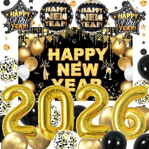 KALOR New Years Eve Party Supplies 2026 Set 70 Pack Gold and Black New Year Banner Gold 2026 Number Balloons Backdrop 2026 for New Year Eve Decorations