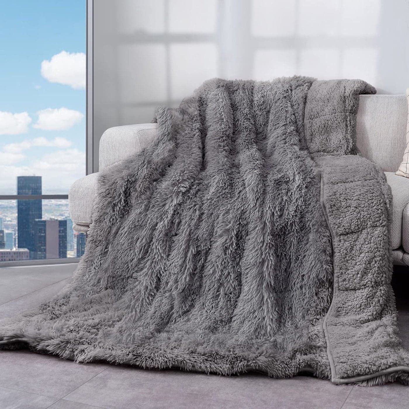 Cottonblue Shaggy Faux Fur Reversible Sherpa Weighted Blanket 20lbs Luxury Snugly Long Fur Warm Heavy Blanket 60x80 inches Super Soft Fuzzy Fleece Blanket for Winter Grey