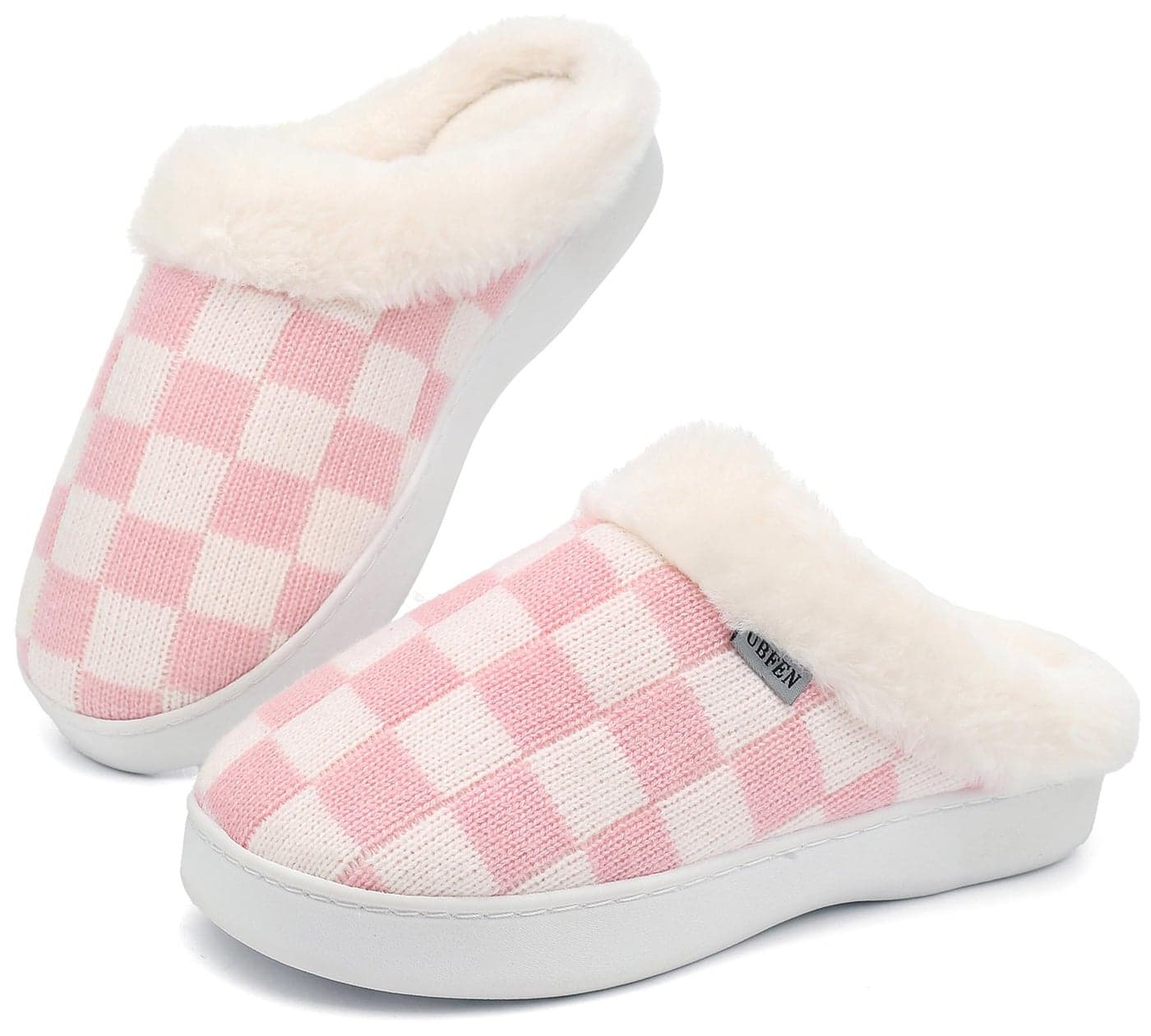 UBFEN Mens Womens Slippers Classic Plaid Winter Warm with Memory Foam Fluffy House Shoes Platform Indoor Bedroom White Pink 11-12 Women/9-10 Men