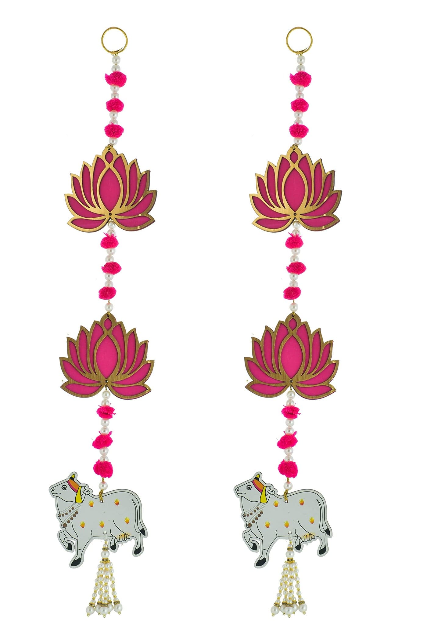 BENAVJI Door Entrance Hanging, Mandir Door Decorations Items, Pink Lotus with Cowcalf Style Hanging, Ganpati Decor & Diwali Decoration|Door Hanging | 2 Pieces | 23 Inch
