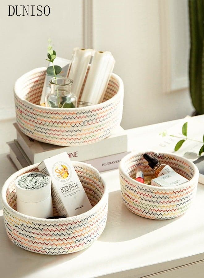 3-Pieces Cotton Storage Basket , Small Woven Basket, Desktop Storage Basket,Cotton Rectangle Woven Baskets For Storaging Toys, Snacks,Stationery,Sundries,Multicolour