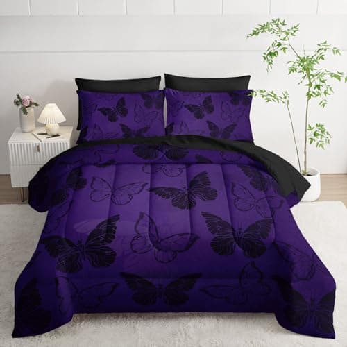 Smell Sunshine 7pcs Purple Butterfly Comforter Set Black Purple Printed Bedding Set with 1 Comforter 1 Flat Sheet 1 Fitted Sheet and 4 Pillowcases for Boys and Girls Bedroom Butterfly5 Full