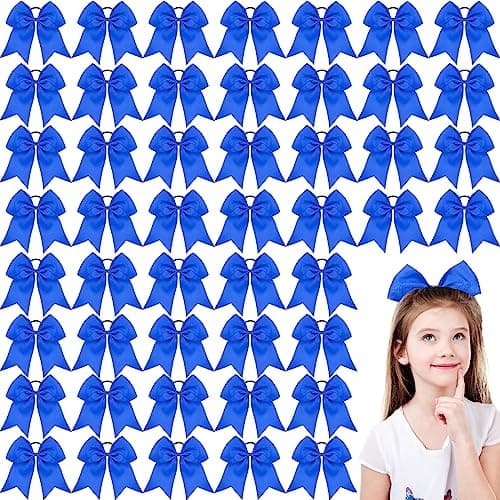 Craftsatin 50 Pcs 8'' Large Cheer Hair Bows Blue Cheerleading Hair Bows Ties Ponytail Holder Elastic Band Boutique Hair Accessories for Teen Girls High School College Softball Competition Sports