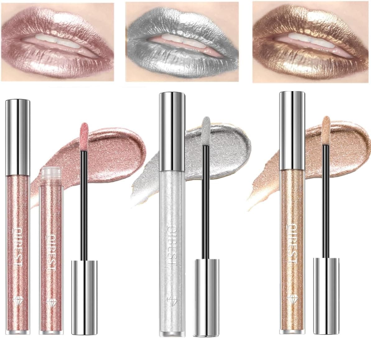 Metallic Lipstick Set 3 PCS Lipgloss Glitter Silver Gold Pink Matt Metallic Lipstick Set Liquid Shiny Lipstick Lipgloss Liquid Lipstick Pink Champagne Shine Punk Makeup 3 Pcs