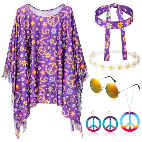 Hicarer 6 Pcs Hippie Costume Accessories Set Includes Headband Poncho Necklace Earrings Sunglasses for WomenRomantic Flower