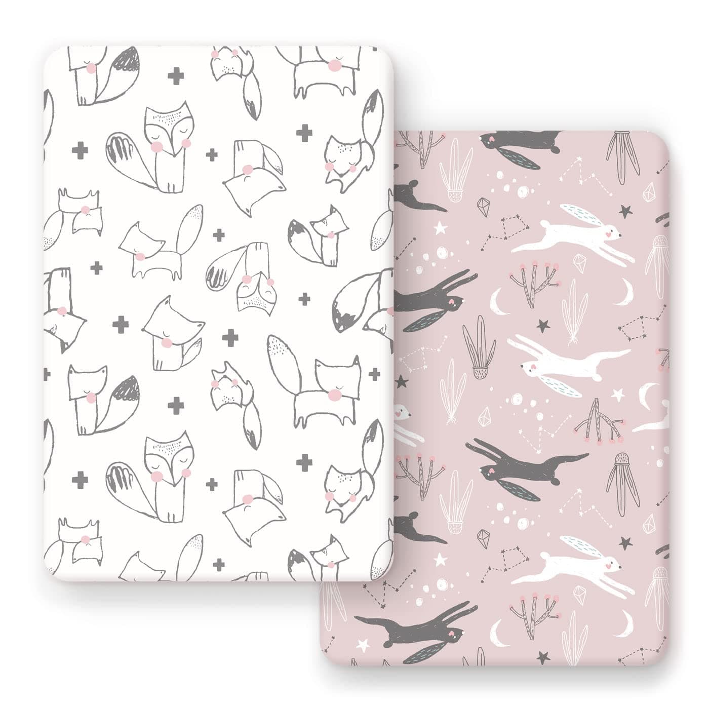 GRSSDER Stretchy Ultra Soft Jersey Knit Pack n Play Sheets Set 2 Pack PortableMini Cribs Playard Sheets Cute Foxes and Rabbits for Baby Girls and Boys