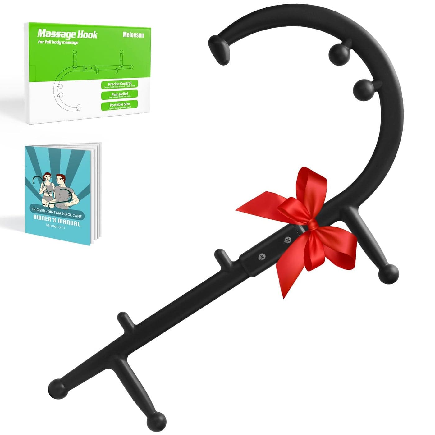Trigger Point Massage Hook Back and Neck Massager Manual Therapy Cane for WholeBody Deep Tissue Fibromyalgia Relief wPicture Instructions Ideal Gift for Women Men Black