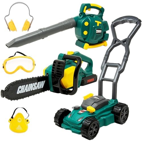 TeganPlay Kids Leaf Blower Toy Chainsaw and Lawn Mower Set Realistic Toddler Landscaping Power Tools with Sound and Action Includes Safety Goggles Mask and Earmuffs