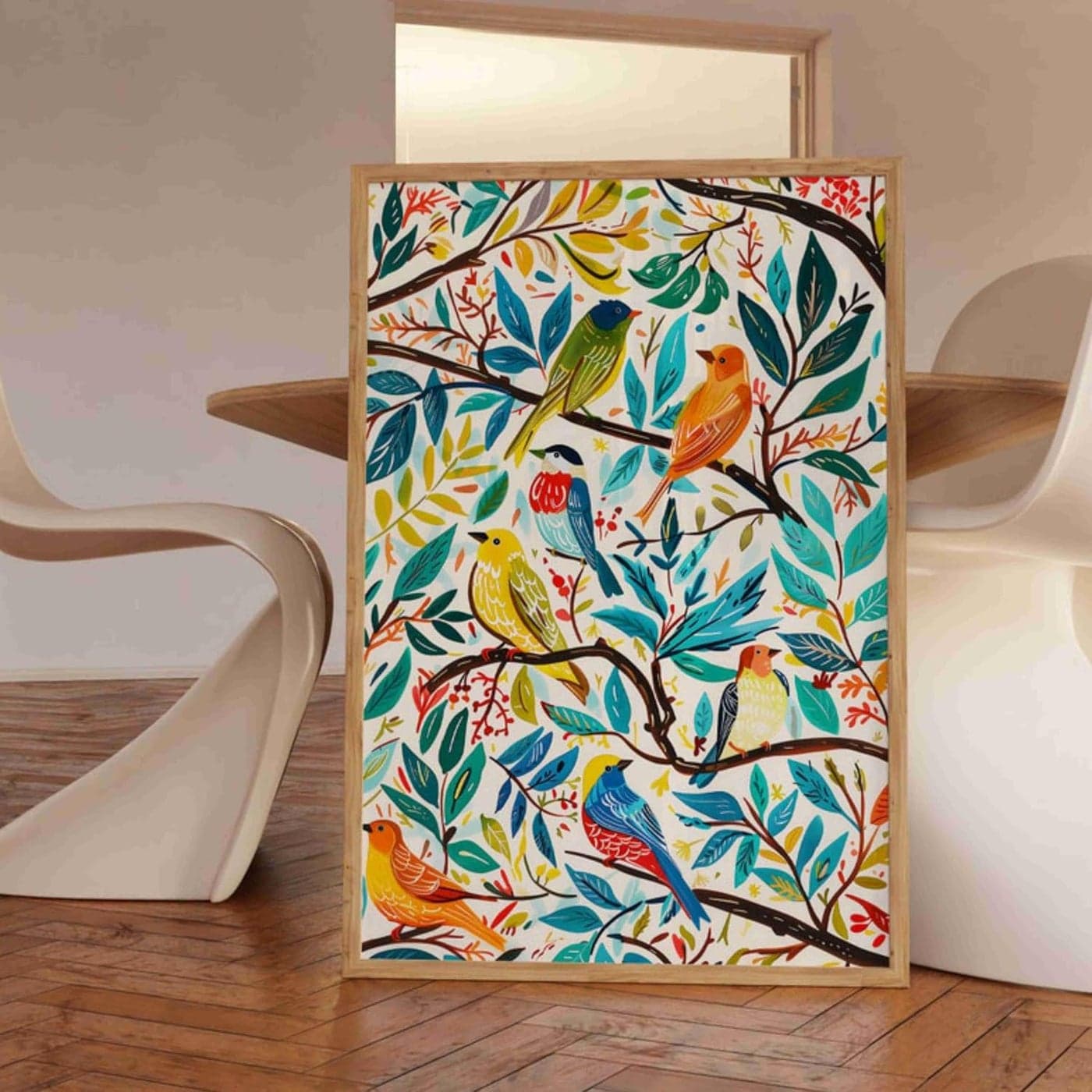 Livinluxe Loving Bird sitting on plant modern art Boho painting Premium Framed Laminated Wall paintings for living room bedroom home decoration wall decoration 18 inch x 24 inch ETNF0134