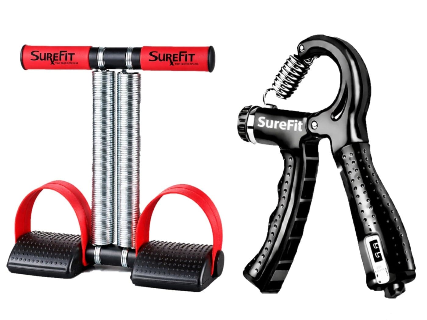 SUREFIT Double Spring Tummy Trimmer with Hand Grip Strengthener with Digital Counter (5-60 kg Adjustable) | Home Gym Equipment for Abs Workout, Belly Fat Loss, Chest Expander & Forearm Strength