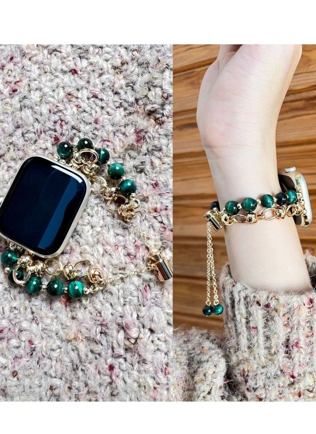 Jade Green Crystal Beaded Watch Band AppleWatch Cat's Eye Bracelet Suitable Apple Watch Band 7/8/9E 41mm