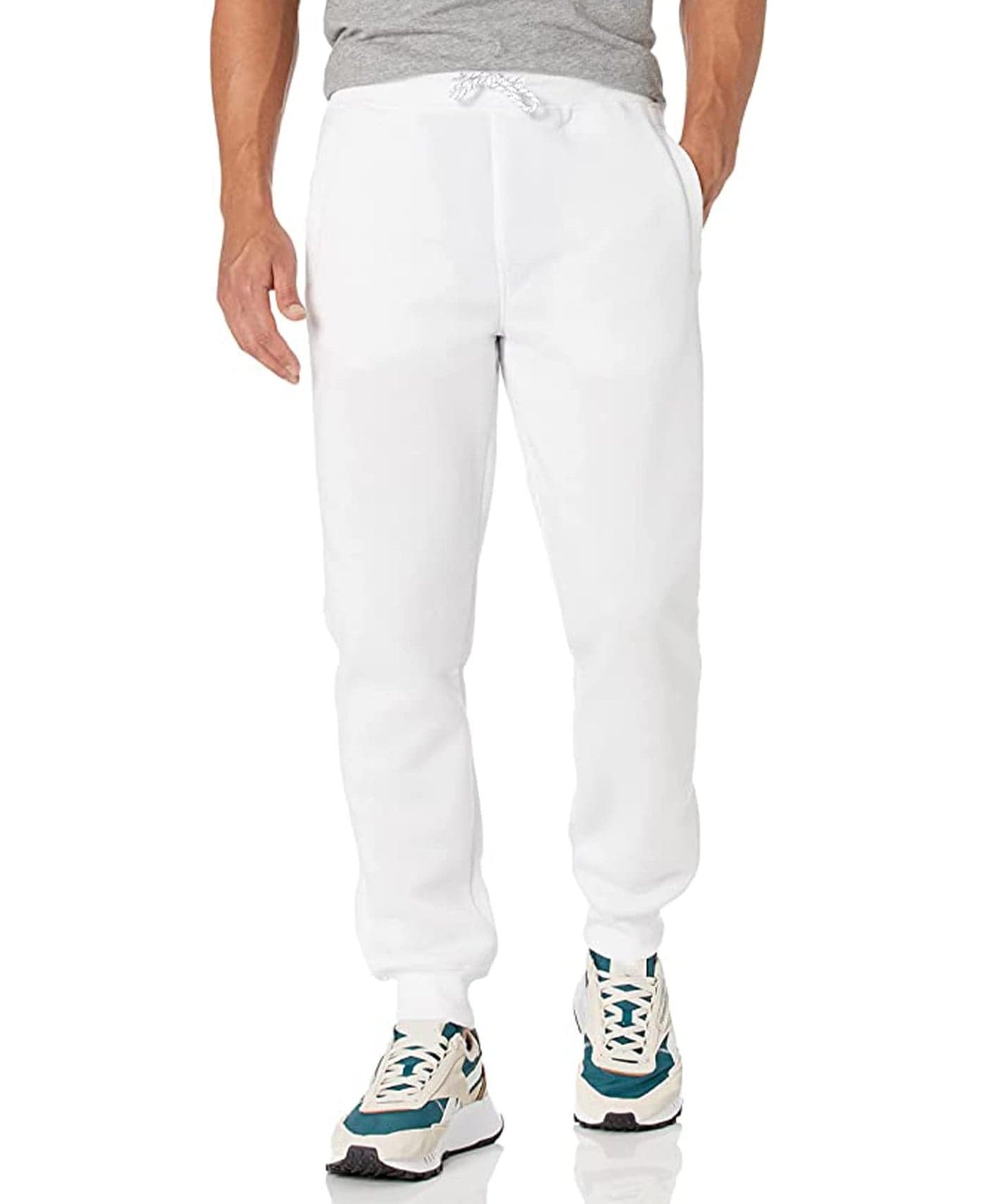 WT02 Mens Active Basic Fleece Joggers Relaxed and Comfortable Sweatpants White Medium