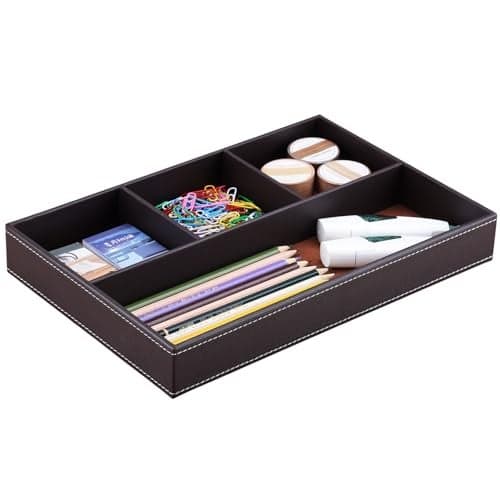 KINGFOM Pu Leather Desk Organizer Tray 4 Compartment Office Storage Supplies Stationery Drawer Tray Nightstand Bedside Tray for Key Wallet Watch Coin Phone Valet Tray Stackable
