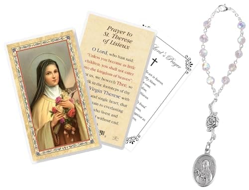 St Theresa Rosary - Laminated Saint Therese Prayer Card, The Lord's Prayer Card - One Decade St Theresa Little Flower Rosary for Devotion - Saint Theresa Rosary, Catholic Cards Set - 3 Items