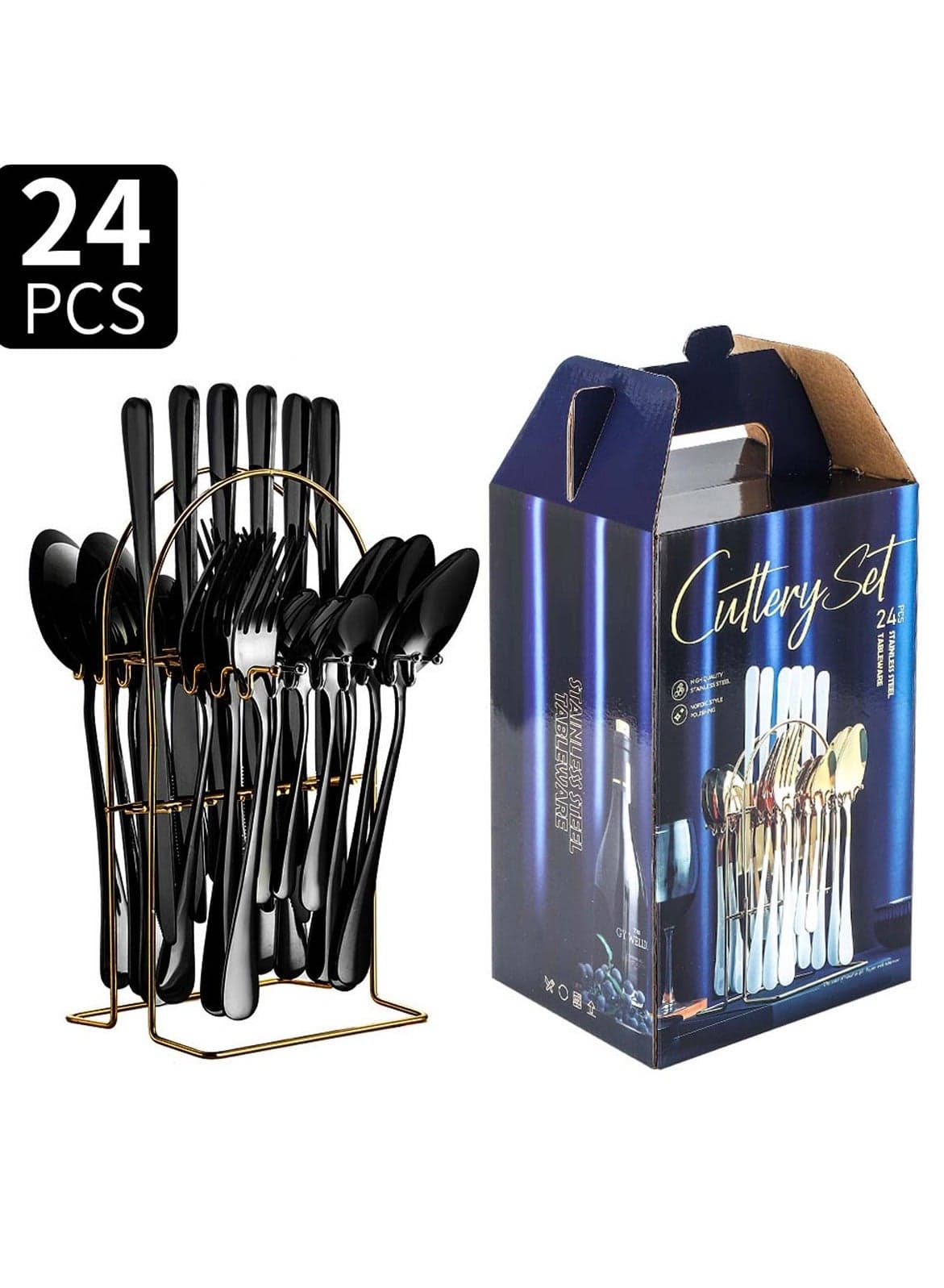 24-Piece Stainless Steel Cutlery Set with Stand Matte Black Finish