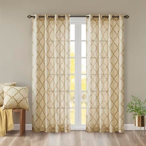 Madison Park Saratoga Single Window Curtain Light Filtering Fretwork Print 1 Panel Grommet Top Drape for Living Room Bedroom and Dorm, 50x84, Beige/Gold