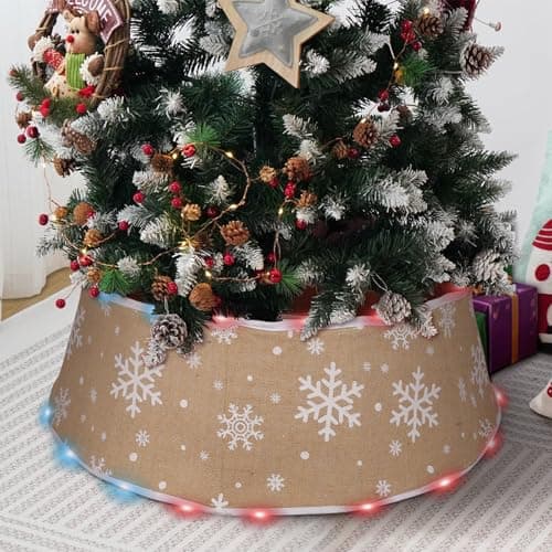 Christmas Tree Collar with Lights Burlap Base Cover 17 Light Modes Printed Snowflake Decoration for Artificial Christmas Tree Rustic Home Party Decorations 24Inch Brown