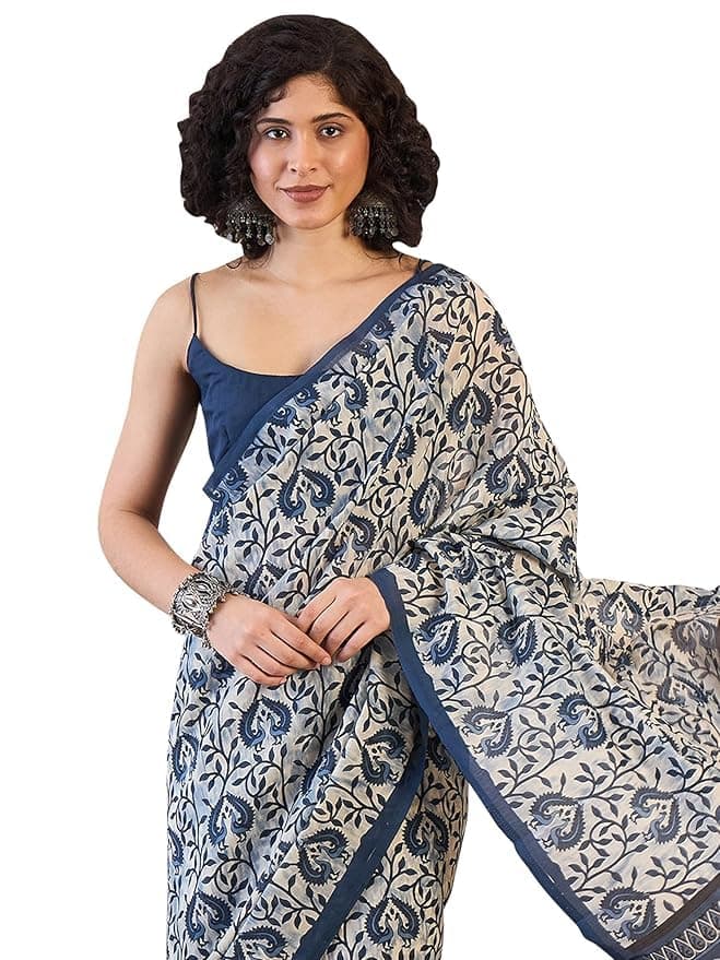 NK Textiles Women's Peacock Batik Block Print Navy Blue Colored Soft Mul Mul Cotton Saree with Blouse (3 DESIGNS)
