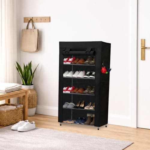 ROBMOB Metal Shoe Stand with Cover, 6 Tier Shoe Organizer for Home & Office - Black