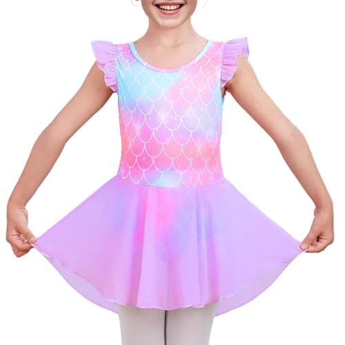 LUOUSE Elegant Girls Ballet Leotard with Skirt - Soft Stretch Fabric, Flutter & Ruffle Sleeves, Perfect for Dance, Pink Size 10-11T