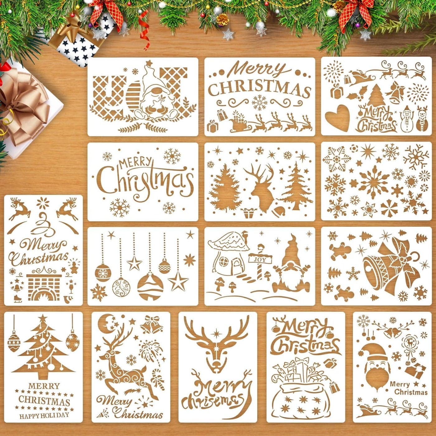 Augshy Reusable Christmas Stencils 15 Pcs A4 Window Stencils for Painting on Wood Sign Fabric Canvas More 8 X 11 Inch