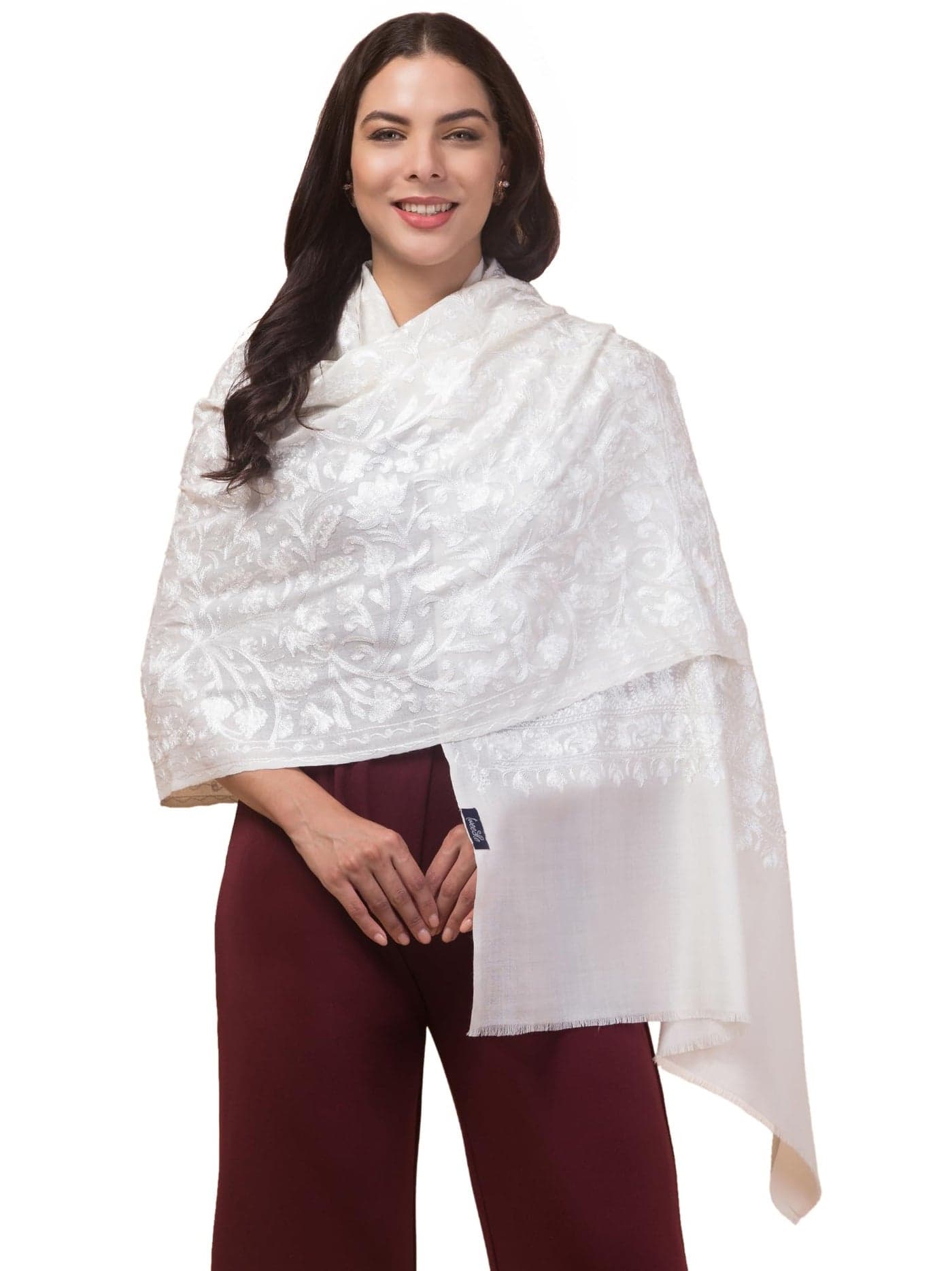 tweedle Women's Pure Wool Tone to Tone White Kashmiri Embroidery Shawl/Stole/Wrap Size 28x80