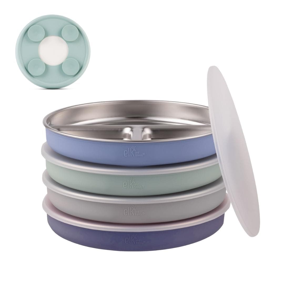 Elk and Friends Stainless Steel Divided Plates with Silicone Sleeve for Babies Toddlers Lids Included Stay Put Suction Dinner Snack Plates 4 Pack