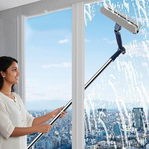 HASTHIP® 47'' Window Cleaning Tool with Scraper & Microfiber Head, 2-in-1 Multifunctional Glass Cleaner Squeegee, 180 ° Rotatable Head, Streak-Free Window Wiper for Home, Car & High Windows