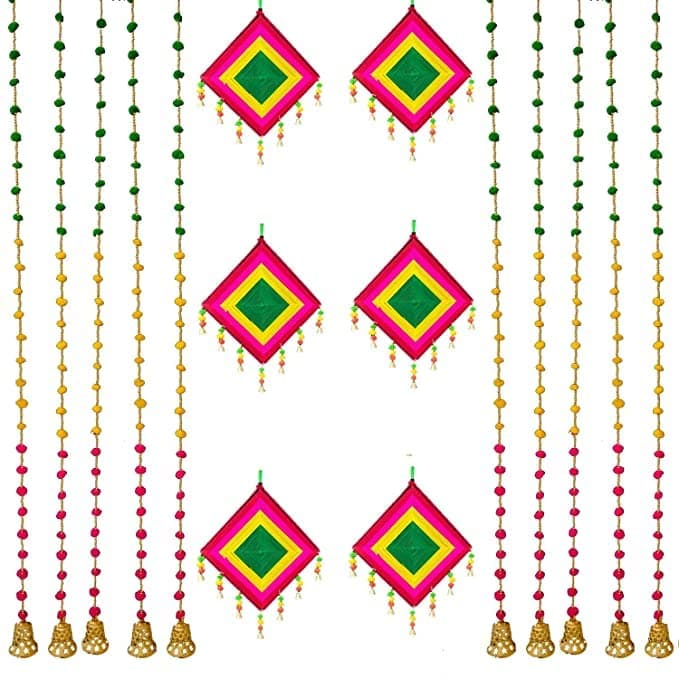 Sellplus Beautiful Handmade Comboo Set Comboo of 10 String Pom Pom with Bell 6 Kite Item for Home Dcor Diwali Festival Navratri Wedding