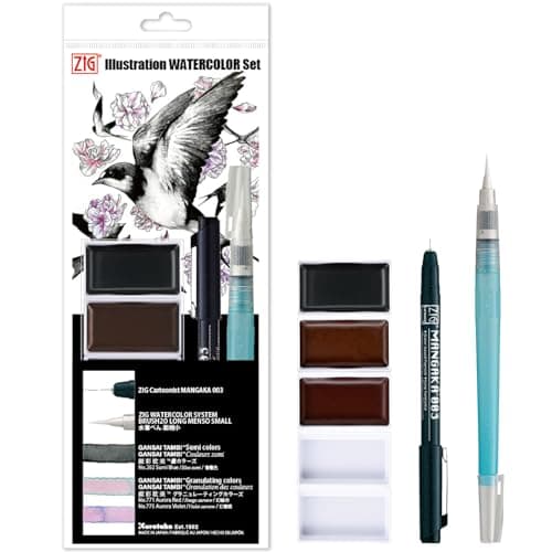 Kuretake Zig illustration watercolor Set 3 Gansai Tambi Fineliner and Waterbrush pen for Inktober Manga Drawing Calligraphy Professional Artist Made in Japan IKTB257V