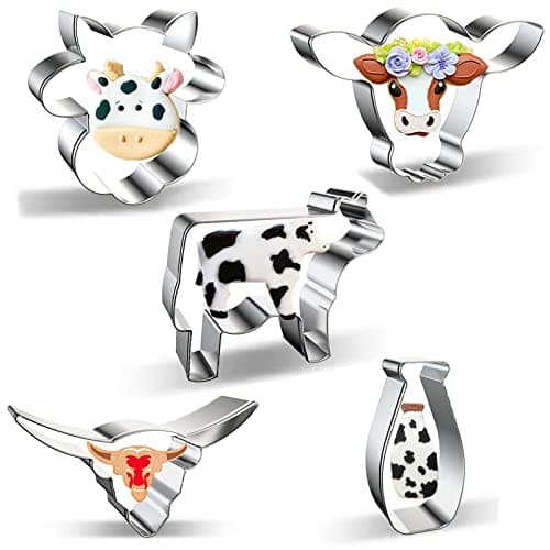 Cow Cookie Cutter Set - 5 Piece Stainless Steel Farm/Farmhouse Animal Cookie Cutters Shapes Milk Bottle, Longhorn, Bull, Cow Head, Cow/Steer Face Cutters Molds for Making Cookies, Biscuit, Fondant