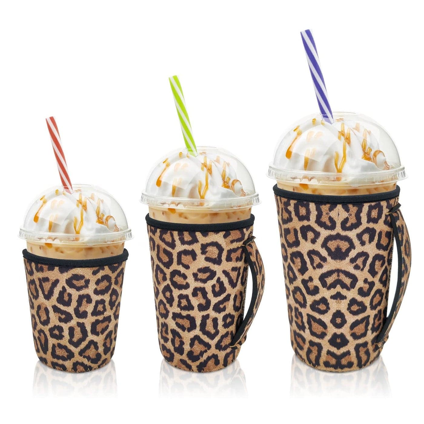 AJLTPA Iced Coffee Sleeve Insulator Sleeves for Cold Drinks Beverages 3 Pack Reusable Neoprene Cup Sleeve with Handle for 1632oz Coffee cups Classic Leopard