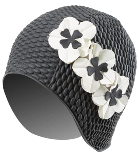 Sporti Floral Bubble Swim Cap - Black/Ivory Flowers