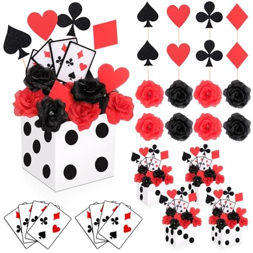 WinnerWhy 8 Sets Casino Theme Party Decoration Dice Favor Boxes Poker Toppers for Table Centerpieces with Flowers Poker Cutouts and Sticks for Las Vega Game Night Themed Party Decor