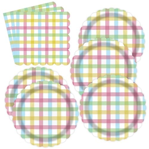 PUEVENYI 50PCS Easter Gingham Party Supplies - 7Inch Colorful Buffalo Plaid Scalloped Paper Plates and Napkins Set Disposable Dinner Cutlery for Easter Baby Shower Birthday Party, Serve 25