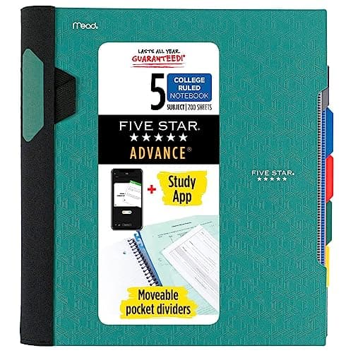 Five Star Advance Spiral Notebook + Study App, 5 Subject, College Ruled Paper, 8-1/2" x 11", 200 Sheets, Spiral Guard, Movable Tabbed Dividers, Seaglass Green (73148)