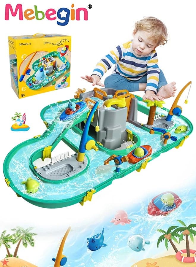 Fun Fishing Toy Set with DIY Tracks, Fishing Adventure Toy Set with 2 Mini Boats, 2 Fishing Poles and Other Accessaries, Fun to Play with Friends and Family, Educational Toy for Hand-eye Coordination and Water Flow Perception, Ideal Gift for Kids Aged 3+