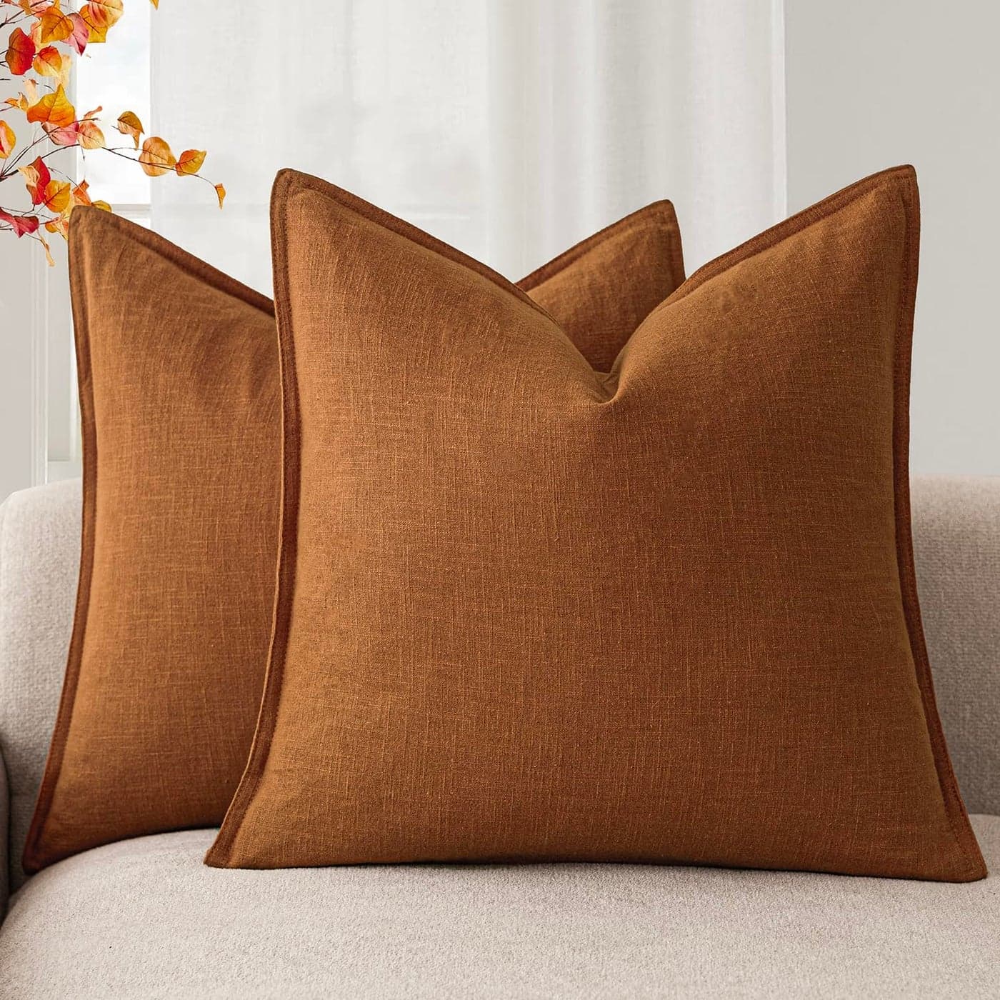Foindtower Set of 2 Decorative Linen Soild Throw Pillow Covers Soft Accent Euro Cushion Case Boho Farmhouse Pillowcase for Chair Couch Sofa Bedroom Living Room Home Decor 16 x 16 Inch Autumn Orange