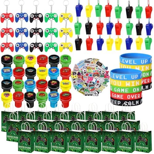 Aoriher 154 Pcs Video Game Party Favors Gift Set for Kids, Gaming Party Favors 20 Set of Keychain Bracelet Wristband Treat Bags Sticker Whistle, Game on Themed Gamer Boys Birthday Goodie Bag Fillers