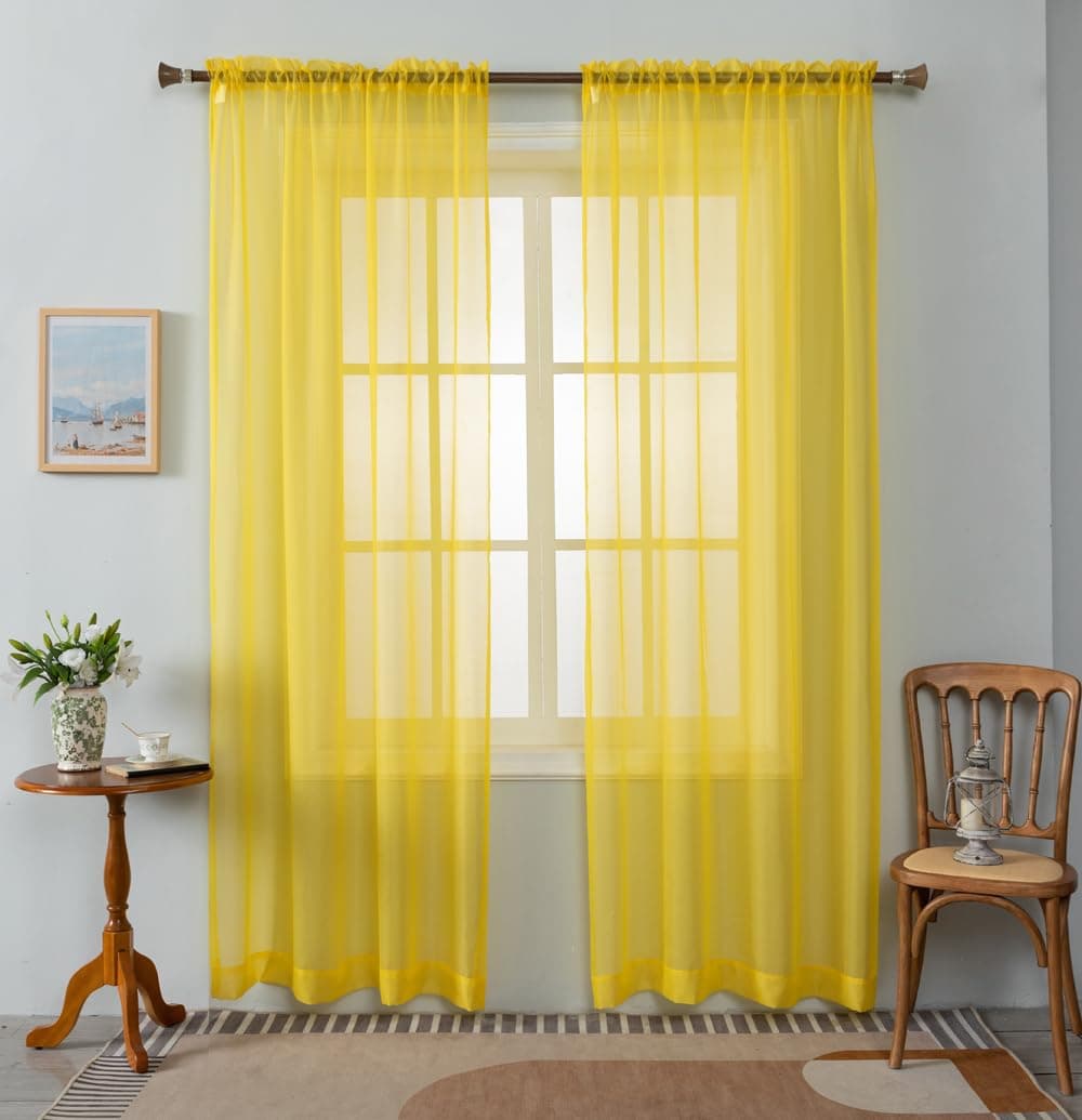 WPM Yellow Sheer Curtains 58 Wide x 63 Long 2 Panels Livingroom Window Treatment Rod Pocket Sheer Voile for Bedroom Kitchen Children Room Fully Stitched and Hemmed