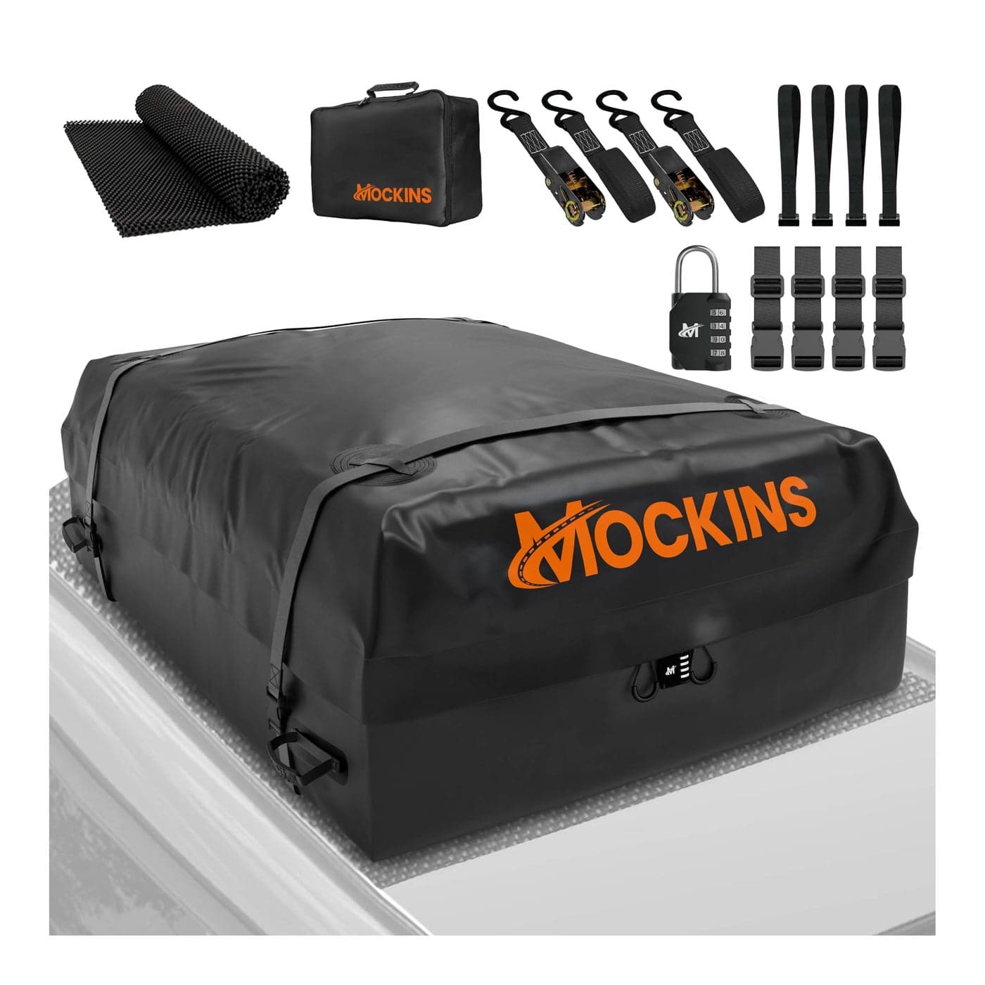 Mockins 25 CuFt Heavy Duty Car Roof Bag 60x43x17 Works with or Without Roof Rack Great for Road Trip Vacations Camping Adventures More Set Includes Roof Mat Lock Hooks Straps