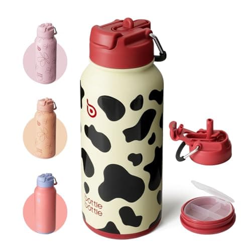 BOTTLE BOTTLE 32 oz Insulated Water Bottle Stainless Steel Sport Water Bottle with Straw Dual-use Lid Design for Gym with Pill Box (cow)