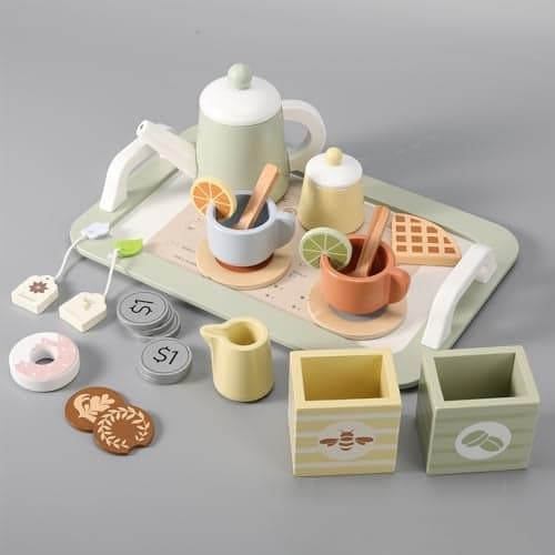Wooden Tea Party Set for Little Girls Play Tea Set for Kids Toddlers Pretend Play Kitchen Toy Gift for 1 2 3 4 5 Years Old