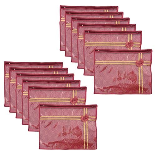 Kuber Industries Pack of 12 Single Saree Bags | Wardrobe Storage Bag for Clothes | Lightweight-Portable Garments Bag | Top Visible Window Single Packing Cloth Bag | Bow Golden Printed | Maroon