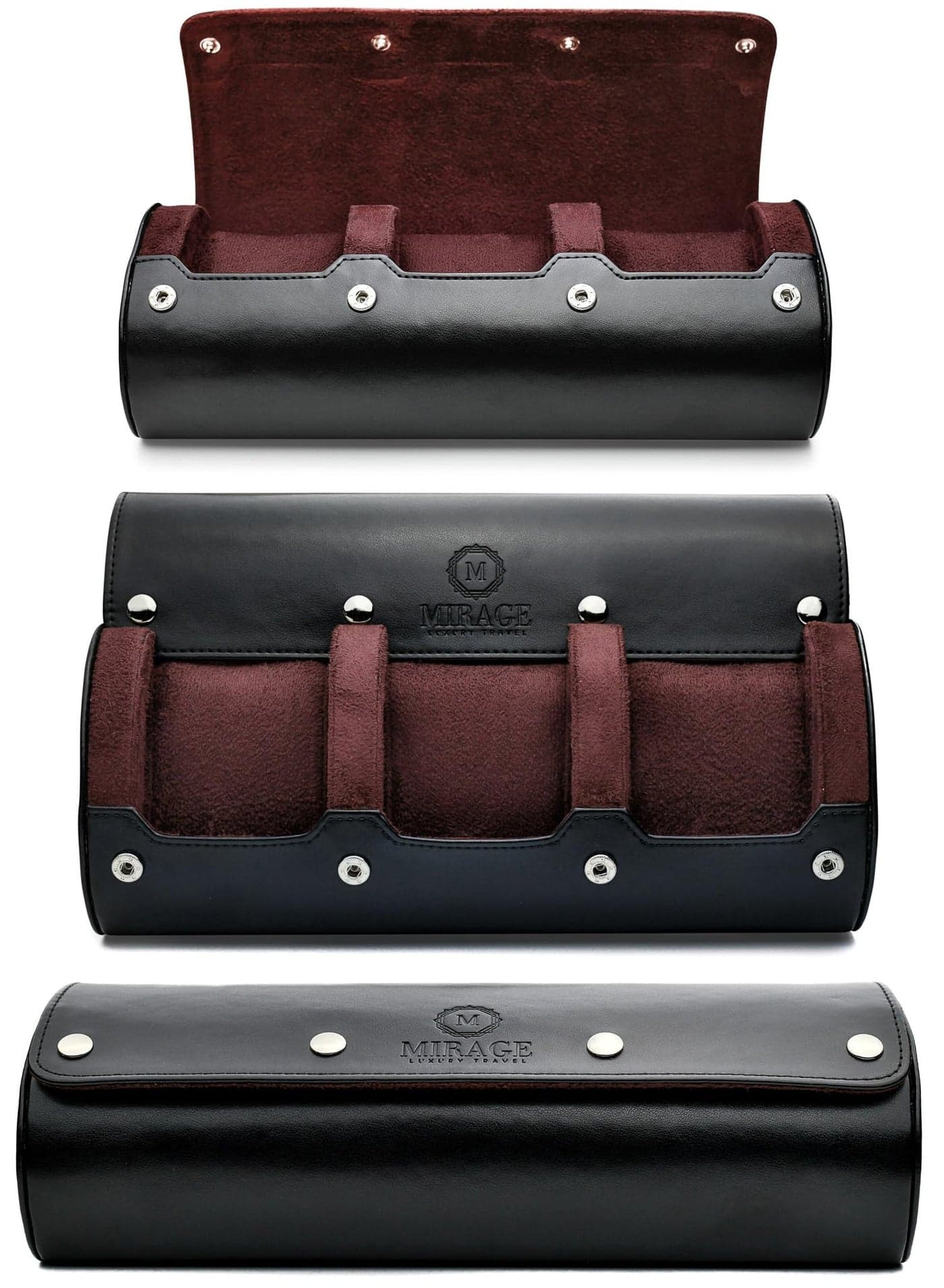 Watch Roll Case Organizer Watch Travel Case for Men and Women 3 Watch Carrying Case and Display Jade Black with Mahogany Brown Interior Vegan Leather