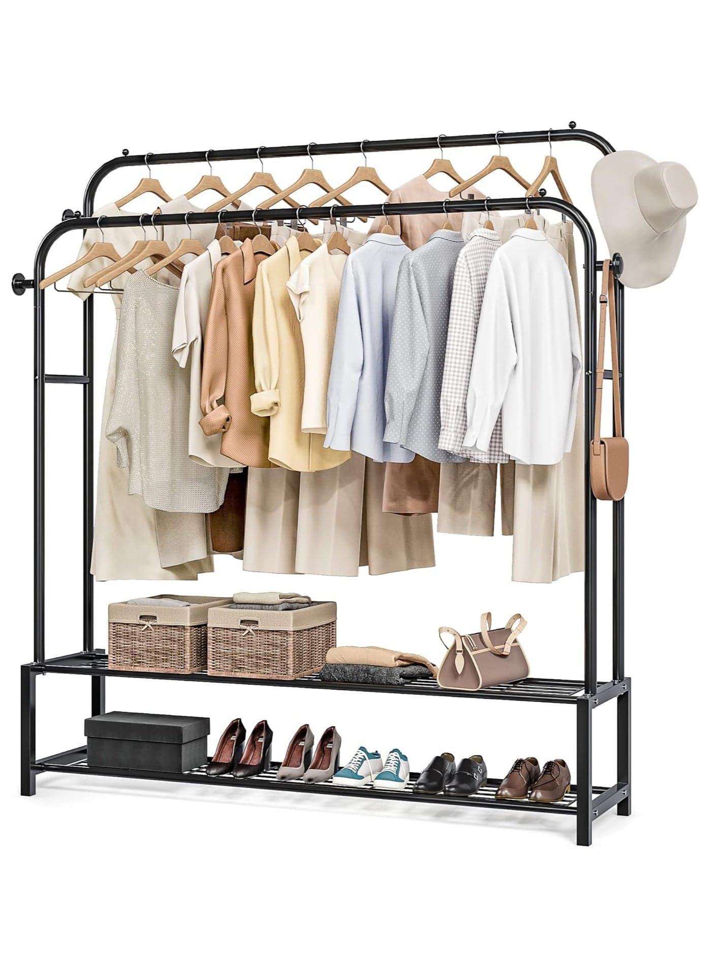 Clothes Storage Drying Rack Foldable Double Pole, With Hooks and Shoe Rack